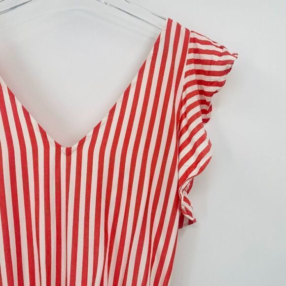 LOFT Size 2 Red & White Striped Ruffle Sleeve Belted Romper - Picture 6 of 12